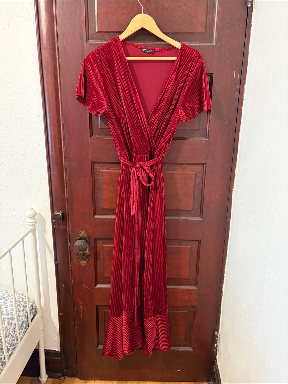 Simplee Apparel Red Velvet Ribbed Wrap Maxi Dress